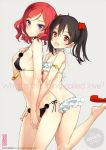  2girls :d armlet bangle bare_shoulders bikini black_bikini black_hair bow bracelet breasts choker cover cover_page english frilled_bikini frills hair_between_eyes hair_bow hand_on_own_chest jewelry leg_up looking_at_viewer love_live!_school_idol_project multiple_girls nishikino_maki ooyari_ashito open_mouth red_eyes redhead ribbon_choker sandals side-tie_bikini sideboob smile strap_gap string_bikini swimsuit twintails violet_eyes white_bikini white_swimsuit yazawa_nico 