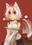  1girl absurdres animal_ears bare_shoulders blush breasts hat highres inubashiri_momiji large_breasts looking_at_viewer pom_pom_(clothes) red_background red_eyes short_hair silver_hair simple_background solo tail tokin_hat touhou v_arms wolf_ears wolf_tail 