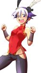  1girl animal_on_head bare_shoulders bird bird_on_head black_hair chinese_clothes earrings feng_(skullgirls) highres jewelry lowleg lowleg_pants multicolored_hair navel open_mouth pants shadowbug_x short_hair skin_tight skullgirls small_breasts solo two-tone_hair vambraces violet_eyes white_hair 