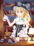  1girl absurdres book bookshelf bow braid desk detached_collar hat hat_bow highres kirisame_marisa lamp mero_(ly21207) pen puffy_short_sleeves puffy_sleeves short_sleeves single_braid smile test_tube touhou witch_hat writing 