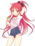  1girl arm_up blush fang hair_ribbon highres long_hair looking_at_viewer mahou_shoujo_madoka_magica open_mouth ponytail popsicle red_eyes redhead ribbon sakura_kyouko school_swimsuit simple_background solo swimsuit swimsuit_under_clothes watermelon_bar white_background yutsumoe 