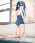  1girl absurdres ass barefoot black_hair brown_eyes highres legs long_hair looking_at_viewer looking_back open_mouth school_swimsuit solo swimsuit yudough 