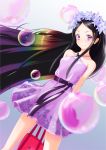  1girl bare_shoulders black_hair bubble dress flower flower_on_head long_hair nanahime_(aoi) solo violet_eyes wind 