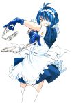  absurdres ahoge apron blue_hair cuffs eyepatch green_eyes handcuffs highres ikkitousen maid maid_headdress ryomou_shimei shiozaki_yuji short_hair thigh-highs 