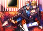  androgynous barefoot black_eyes blonde_hair couch giorno_giovanna guido_mista hat jojo_no_kimyou_na_bouken yaoi yellow_eyes zakki 