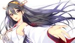  &gt;:d 1girl :d armpits black_hair brown_eyes detached_sleeves hairband haruna_(kantai_collection) japanese_clothes kantai_collection long_hair looking_at_viewer matarou_(genkai_toppa) nontraditional_miko open_mouth outstretched_arm outstretched_hand personification ribbon ribbon-trimmed_sleeves ribbon_trim sarashi smile solo 