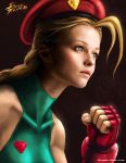  1girl beret blonde_hair blue_eyes braid cammy_white clenched_hand collarbone fingerless_gloves forehead gloves hat highres leotard lips long_hair nose realistic robert_bartling scar skin_tight solo street_fighter turtleneck twin_braids 