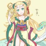  1girl :d animal bare_shoulders blonde_hair blush collarbone green_eyes hair_bobbles hair_ornament hair_ribbon hair_strand holding japanese_clothes jewelry kimono long_hair long_sleeves mask meimei_(p&amp;d) necklace obi off_shoulder open_mouth puzzle_&amp;_dragons red_ribbon ribbon sash smile snake solo turtle_shell yellow_background yukitarou_(awamori) 