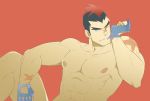  1boy abs black_hair eyebrows fingerless_gloves gloves kill_la_kill kinagase_tsumugu koryuu_(gackter10) male mohawk mouth_hold multicolored_hair muscle pectorals red_background redhead scar shirtless solo two-tone_hair 