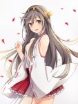  1girl black_hair blush brown_eyes detached_sleeves hand_on_own_chest haruna_(kantai_collection) headgear kantai_collection long_hair looking_at_viewer nontraditional_miko petals skirt solo white_background yue_teitoku 