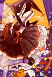  1girl animal_ears azuma_aya bat blonde_hair bow candy cat_ears ghost grin halloween hat hat_bow kirisame_marisa mary_janes one_eye_closed sash shoes smile solo touhou violet_eyes witch_hat 