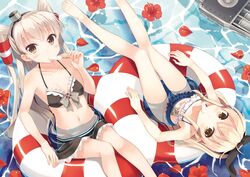  2girls amatsukaze_(kantai_collection) bare_shoulders barefoot bikini bikini_skirt black_bikini blonde_hair blush bow brown_eyes collarbone flower food_in_mouth frilled_bikini frills hair_bow hair_ribbon hat hibiscus hyuuga_azuri innertube kantai_collection long_hair looking_at_viewer mini_top_hat mouth_hold multiple_girls navel partially_submerged petals popsicle reclining ribbon shimakaze_(kantai_collection) shiny shiny_skin small_breasts swimsuit thigh_gap top_hat twintails two_side_up water 