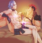  2boys abs absurdres armpit_holster bandaid bandaid_on_nose belt black_hair blue_hair choker cigarette gloves glowing highres holster kill_la_kill kinagase_tsumugu koryuu_(gackter10) lighter mikisugi_aikurou mohawk multicolored_hair multiple_boys muscle nudist_beach_uniform pectorals redhead smile two-tone_hair utility_belt 