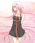  1girl arms_behind_back bare_legs bare_shoulders black_dress collarbone dress guilty_crown hair_ornament hairclip kou_mashiro lace-trimmed_dress long_hair looking_away low_twintails pink_background pink_eyes pink_hair ribbon smile solo twintails yuzuriha_inori 