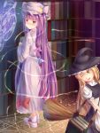  2girls ankle_boots arabic bag blonde_hair blush book bookshelf boots bow braid broom chu_qing crescent_hair_ornament double_bun frown full-face_blush full_body greek hair_bow hair_ornament hat hat_ribbon highres kirisame_marisa light_trail long_hair looking_at_viewer looking_back magic_circle mob_cap multiple_girls one_eye_closed parted_lips patchouli_knowledge payot puffy_short_sleeves puffy_sleeves purple_hair ribbon robe short_sleeves single_braid standing tears touhou very_long_hair witch_hat wooden_floor yellow_eyes 