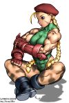  1girl abs absurdres beret blonde_hair blue_eyes boots braid breasts cammy_white camouflage collaboration colored elee0228 full_body hat highres long_hair muscle pokkuti profile scar single_braid sitting sleeveless solo street_fighter 