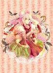  1girl adapted_costume azumi-kun bandages bow doily double_bun floral_background flower hand_behind_head ibaraki_kasen lace-trimmed_skirt layered_dress leaf light_smile looking_at_viewer no_legs peony_(flower) pink_hair puffy_short_sleeves puffy_sleeves red_eyes short_hair short_sleeves striped striped_background tabard touhou 
