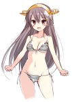  1girl alternate_costume bikini blush breasts brown_hair cleavage front-tie_top haruna_(kantai_collection) kantai_collection long_hair looking_at_viewer navel oota_yuuichi open_mouth red_eyes side-tie_bikini simple_background smile solo striped striped_bikini striped_swimsuit swimsuit white_background 