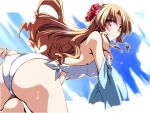  1girl adjusting_clothes adjusting_swimsuit ass blonde_hair blue_sky breasts flower hair_flower hair_ornament hemogurobin_a1c long_hair looking_at_viewer red_eyes sky smile solo sweat touhou touhou_(pc-98) towel very_long_hair white_swimsuit yumeko 