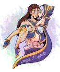  1boy 1girl ashe_(league_of_legends) beard black_eyes brown_hair carrying closed_eyes facial_hair hooded_cloak husband_and_wife kiss league_of_legends long_hair otani_(kota12ro08) princess_carry shirtless silver_hair six_pack thigh-highs tryndamere 