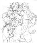  2girls ahoge alternate_costume beret between_breasts bracelet braid breasts cammy_white china_dress chinese_clothes chun-li cleavage cleavage_cutout contrapposto fingerless_gloves gloves hand_on_hip hat holding_hands huge_ahoge interlocked_fingers jewelry kenshjn_park leotard lineart long_hair looking_at_viewer monochrome multiple_girls necktie necktie_between_breasts over-kneehighs puffy_short_sleeves puffy_sleeves ribbed_leotard ribbon scar short_sleeves spiked_bracelet spikes street_fighter street_fighter_zero thigh-highs thigh_ribbon twin_braids yin_yang 
