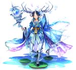  1boy black_hair blue_eyes butterfly centaur highres horn horns light_smile original pointy_ears robe solo staff tenyo0819 water 