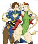  2girls ahoge armband beret blonde_hair blue_eyes bracelet breasts brown_eyes brown_hair cammy_white china_dress chinese_clothes chun-li cleavage cleavage_cutout collaboration colored contrapposto elbow_gloves fingerless_gloves gloves hand_on_hip hat holding_hands huge_ahoge interlocked_fingers jewelry kenshjn_park leotard multiple_girls over-kneehighs pantyhose puffy_short_sleeves puffy_sleeves ribbed_leotard short_sleeves spiked_bracelet spikes street_fighter t1gress thigh-highs yin_yang 