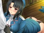  1girl black_hair blush breasts gloves hat kantai_collection large_breasts open_mouth panties red_eyes shibata_rai short_hair skirt skirt_removed solo_focus takao_(kantai_collection) tears underwear 