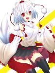  1girl absurdres animal_ears bare_shoulders black_legwear breasts detached_sleeves happy hat highres inubashiri_momiji looking_at_viewer open_mouth pom_pom_(clothes) red_eyes ribbon short_hair silver_hair smile solo spada tail thigh-highs tokin_hat touhou wolf_ears wolf_tail zettai_ryouiki 