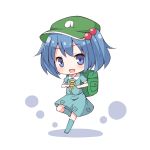  1girl backpack bag blue_hair blush boots chibi hat kawashiro_nitori open_mouth pocket rubber_boots shichikaku short_hair short_sleeves short_twintails simple_background skirt skirt_set smile solo touhou twintails white_background 