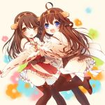  2girls ahoge anju_(meipurusanchi) blue_eyes brown_eyes brown_hair detached_sleeves fang hairband haruna_(kantai_collection) japanese_clothes kantai_collection kongou_(kantai_collection) long_hair looking_at_viewer multiple_girls no_panties nontraditional_miko open_mouth siblings sisters thigh-highs wide_sleeves 