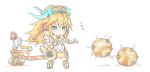  1girl :&lt; ball blonde_hair blue_eyes blush boots chibi dress elbow_gloves fingerless_gloves floating fur_trim gloves headdress horns long_hair motion_lines pom_pom_(clothes) puzzle_&amp;_dragons sakuya_(p&amp;d) simple_background solo spiked_ball spikes staff sweatdrop tail text white_background white_clothes white_dress white_gloves yukitarou_(awamori) 