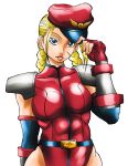  1girl alternate_costume antonio_claret blonde_hair blue_eyes bracer braid breasts cammy_white cosplay elbow_gloves gloves hat hat_tip leotard lips long_hair peaked_cap scar shoulder_pads solo street_fighter street_fighter_iv transparent_background twin_braids vega vega_(cosplay) 