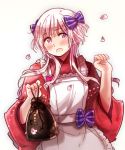  1girl :d apron bag blush bow bust fingernails frilled_apron frills hair_bow holding long_hair long_sleeves minatomachi_ruku official_style open_mouth petals pink_bow pink_eyes rosel-d simple_background smile solo striped striped_bow taisho_roman_oni-san_yameteee!! white_background white_hair 