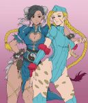  2girls ahoge alternate_costume beret between_breasts black_hair blonde_hair blue_eyes bracelet braid breasts cammy_white china_dress chinese_clothes chun-li cleavage cleavage_cutout colored contrapposto dark_skin fingerless_gloves flat_color gloves hand_on_hip hat holding_hands huge_ahoge interlocked_fingers jewelry kenshjn_park leotard long_hair looking_at_viewer modern_maverick multiple_girls necktie necktie_between_breasts over-kneehighs puffy_short_sleeves puffy_sleeves ribbed_leotard ribbon scar short_sleeves spiked_bracelet spikes street_fighter street_fighter_zero thigh-highs thigh_ribbon twin_braids yin_yang 