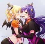  2girls ayase_eli bat_wings blonde_hair blue_eyes blush bow bunny_shake earrings elbow_gloves gloves green_eyes halloween hat jewelry love_live!_school_idol_project midriff multiple_girls pocky purple_hair ribbon simple_background smile star toujou_nozomi wings witch_hat 