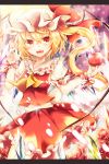  1girl apple ascot blonde_hair fang flandre_scarlet flower food fruit hat hat_ribbon kaio_(watagami) letterboxed mob_cap open_mouth puffy_short_sleeves puffy_sleeves red_eyes red_rose ribbon rose sash shirt short_sleeves side_ponytail skirt skirt_set solo touhou vest wings wrist_cuffs 