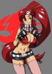  1girl absurdres belt bikini_top breasts cleavage fingerless_gloves flame_print gloves hair_ornament hair_stick highres large_breasts long_hair midriff mismatched_gloves navel pink_legwear ponytail redhead rock-leone scarf short_shorts shorts skull_hair_ornament solo tengen_toppa_gurren_lagann thigh-highs very_long_hair yellow_eyes yoko_littner zettai_ryouiki 