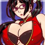  1girl bare_shoulders black_hair blazblue breasts bust chinese_clothes cleavage glasses huge_breasts lips litchi_faye_ling long_hair nagareryuu side_ponytail solo violet_eyes 