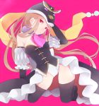  1girl animal_hat bare_shoulders black_legwear brown_hair hat highres kneeling long_hair mawaru_penguindrum penguin_hat pink_background princess_of_the_crystal red_eyes solo takakura_himari thigh-highs zaki127 