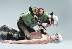  2boys grey_hair hatake_kakashi highres kunai linjie mask multiple_boys naruto shirtless spiky_hair uchiha_obito weapon white_hair 