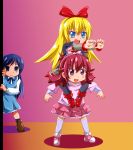  3girls aida_mana blonde_hair blue_eyes blue_hair dokidoki!_precure empty_eyes heart heart_hands hishikawa_rikka jealous kill_me_baby long_hair multiple_girls pantyhose parody peeking_out precure regina_(dokidoki!_precure) shishinon thighhighs yandere 