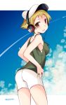 1girl abenattou artist_name blonde_hair brown_eyes cabbie_hat casual clouds cloudy_sky condensation_trail erwin_(girls_und_panzer) from_behind girls_und_panzer hat headphones looking_at_viewer outdoors short_hair shorts signature sky smile solo tank_top 