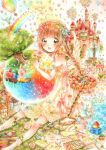  1girl absurdres artist_request balloon bare_shoulders bird blush brown_hair castle chicken dress elephant fountain green_eyes head_wreath highres hot_air_balloon letter long_hair original rabbit rainbow smile socks solo tagme tree twintails water wings 