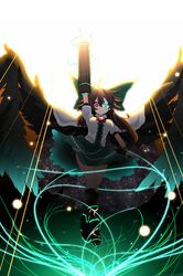  1girl arm_cannon backlighting bird_wings black_wings bow energy_ball glowing glowing_weapon hair_bow highres long_hair pink_eyes pointing pointing_up puffy_short_sleeves puffy_sleeves radiation_symbol reiuji_utsuho rihito_(usazukin) shirt short_sleeves skirt smile solo space sparks third_eye touhou very_long_hair weapon wings 