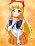  1girl :3 aino_minako bishoujo_senshi_sailor_moon blonde_hair blue_eyes bow circlet elbow_gloves finger_to_cheek finger_to_face gloves hair_bow highres long_hair looking_at_viewer pleated_skirt road_(artist) sailor_venus skirt solo star 