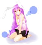  1girl animal_ears arm_up bare_legs bare_shoulders barefoot black_skirt blush circle collarbone dress hand_on_own_cheek hand_on_own_face highres long_hair purple_hair rabbit_ears red_eyes reisen_udongein_inaba simple_background sitting skirt solo sparkle sweat sweatdrop touhou very_long_hair yukina_(masyumaro610) 