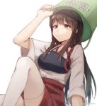  1girl akagi_(kantai_collection) blush brown_eyes brown_hair bucket bucket_on_head japanese_clothes kantai_collection long_hair muneate object_on_head solo translation_request twitter_username veryberry00 