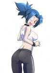  +_+ 1girl ass blue_hair blush breasts choker exercise from_behind heavy_breathing large_breasts looking_back midriff open_mouth out_of_character pantylines ponytail red_eyes shadowbug_x skullgirls smile solo spandex sports_bra sweat valentine_(skullgirls) wristband 