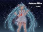  1girl aqua_eyes aqua_hair bare_legs character_name collarbone dress hair_between_eyes hair_ribbon hatsune_miku long_hair night night_sky ribbon sailor_collar sailor_dress see-through sky smile solo star_(sky) starry_sky twintails very_long_hair vocaloid wet wet_clothes wet_dress white_dress yonggi 